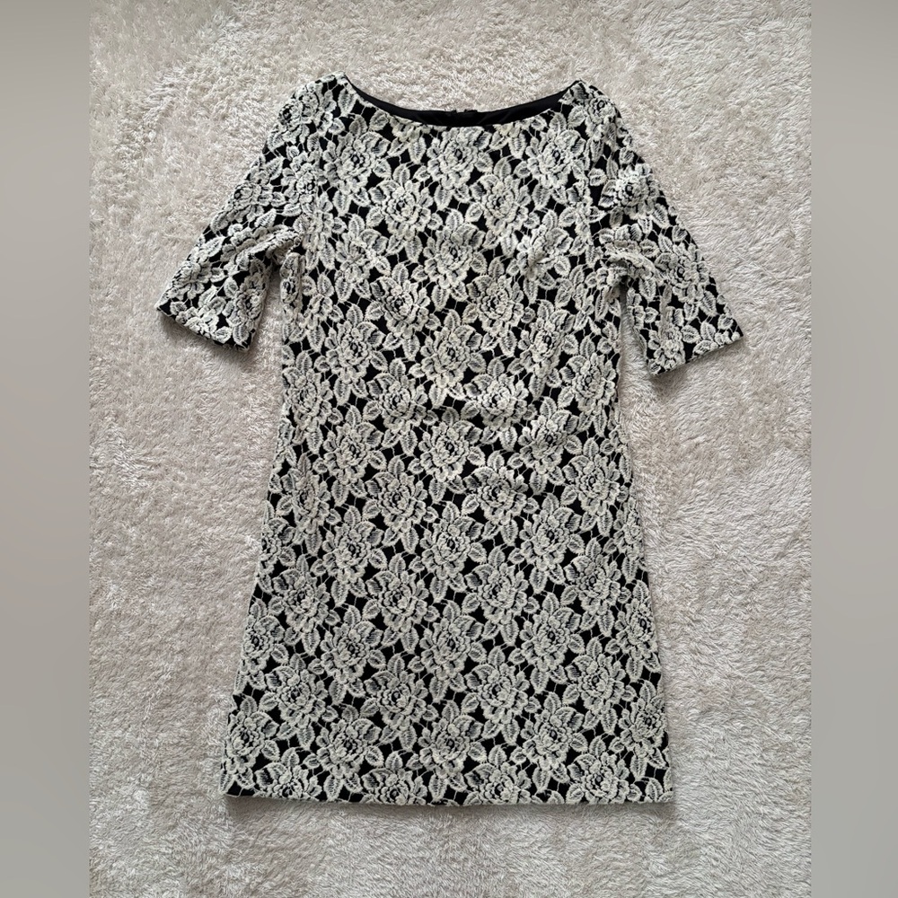 Vintage Adrianna Papell Floral Dress Black Cream Flowers Zipper Women's Size 10
